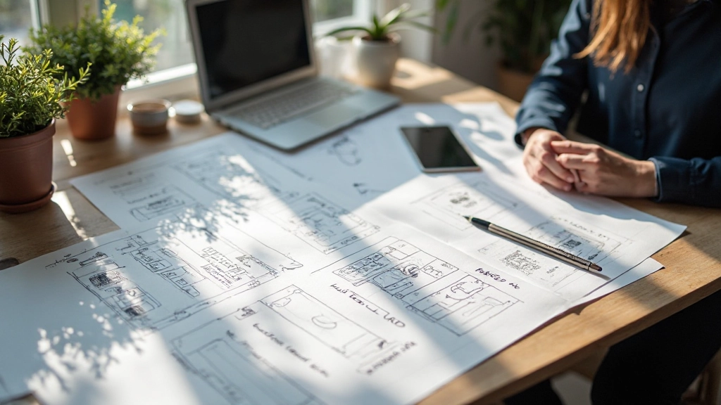 Werkplek met design principles en layout voorbeelden op papier en scherm