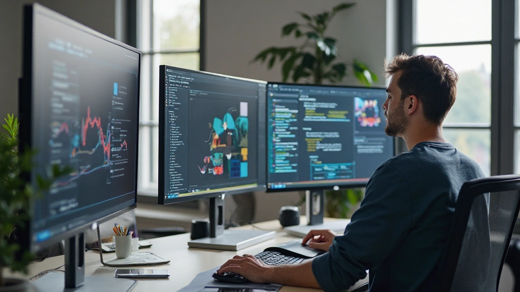 Moderne webdesign werkplek met monitoren en design tools zichtbaar